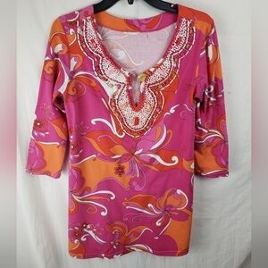 Pink Paisley Print 3/4 Length Sleeve Tunic Shirt Sz S-M